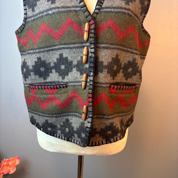 Vintage At Last & Co. Wool Vest Aztec Navajo Pattern Wood Toggle Buttons Large - Picture 6 of 7